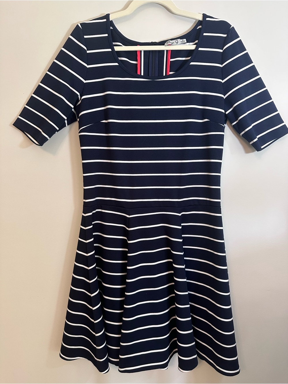 Eliza J Navy Blue White Striped Short Sleeve Fit & Flare Dress Size 12 Nautical